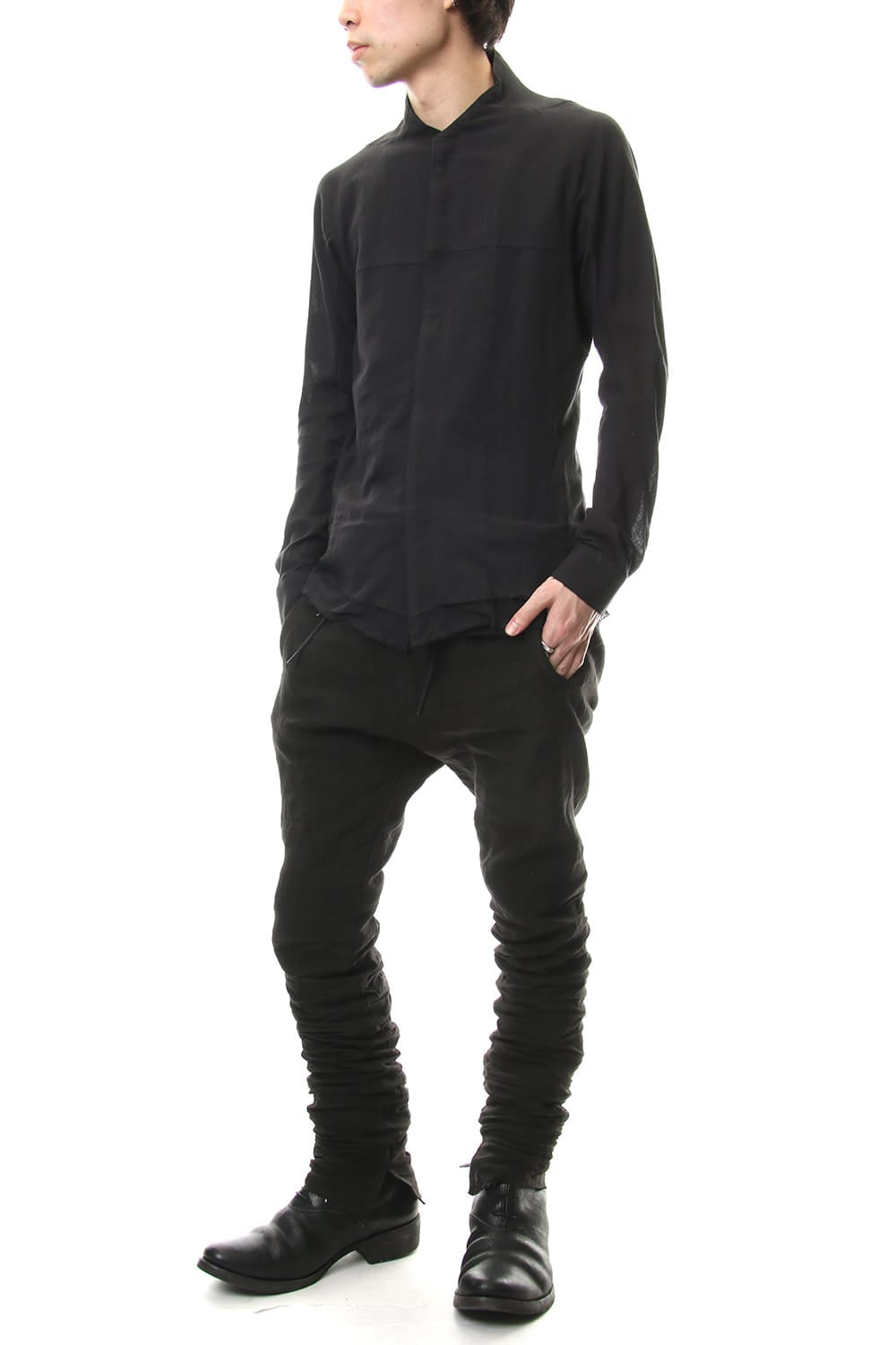 Japanese paper Cotton stand collar shirt - ST102-0049S Black