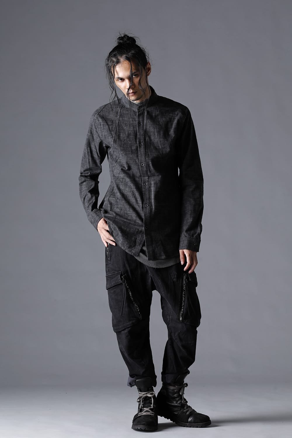 Uneveen Brushing Band Collar Shirt Charcoal