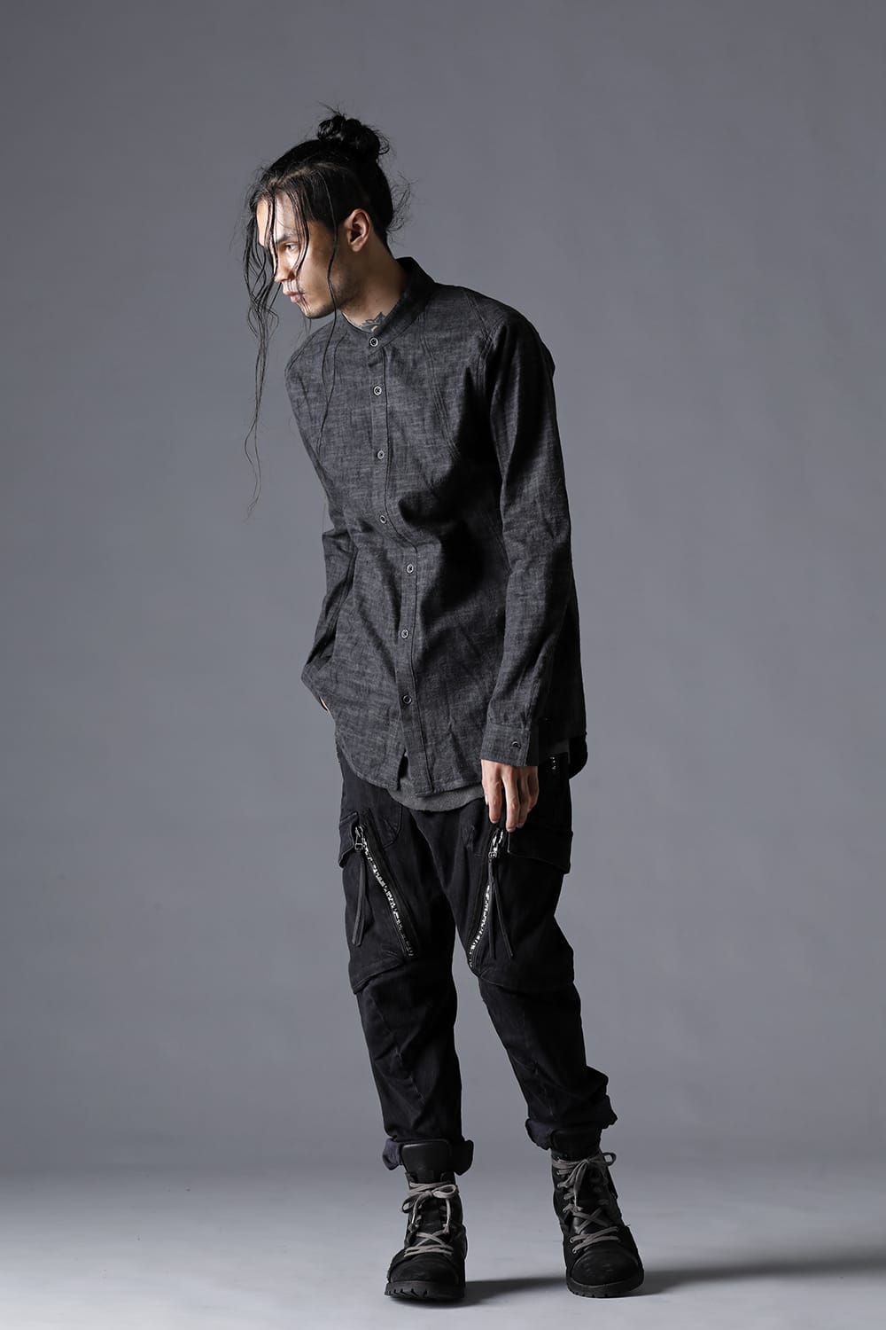 Uneveen Brushing Band Collar Shirt Charcoal