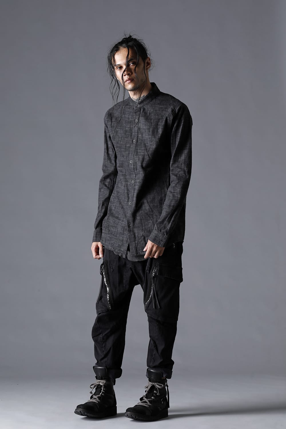 Uneveen Brushing Band Collar Shirt Charcoal