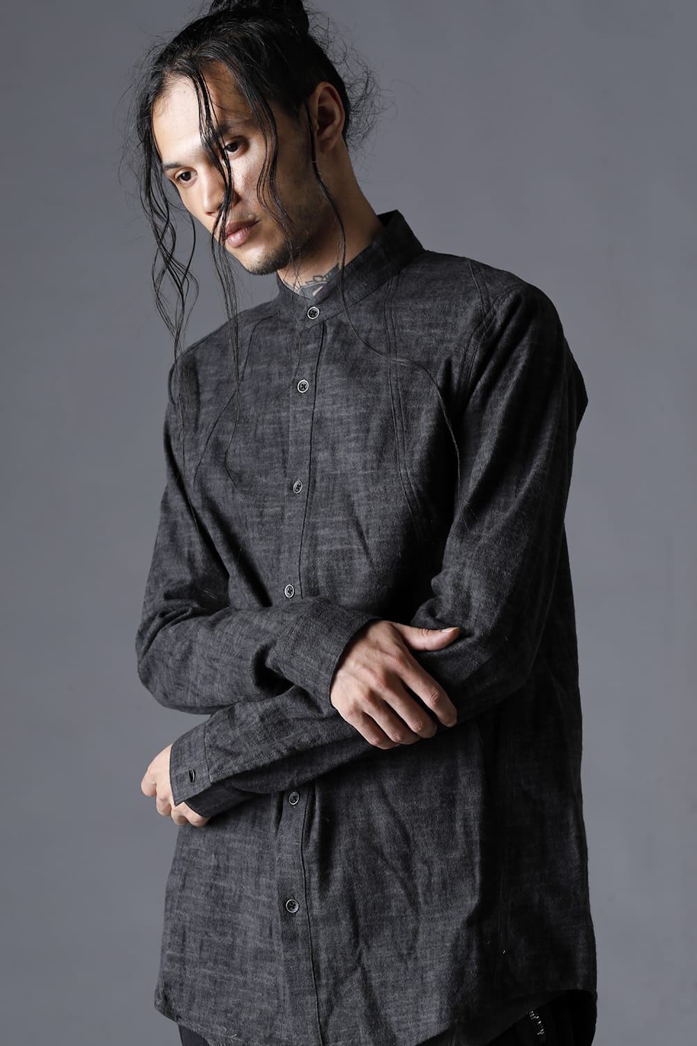 Uneveen Brushing Band Collar Shirt Charcoal