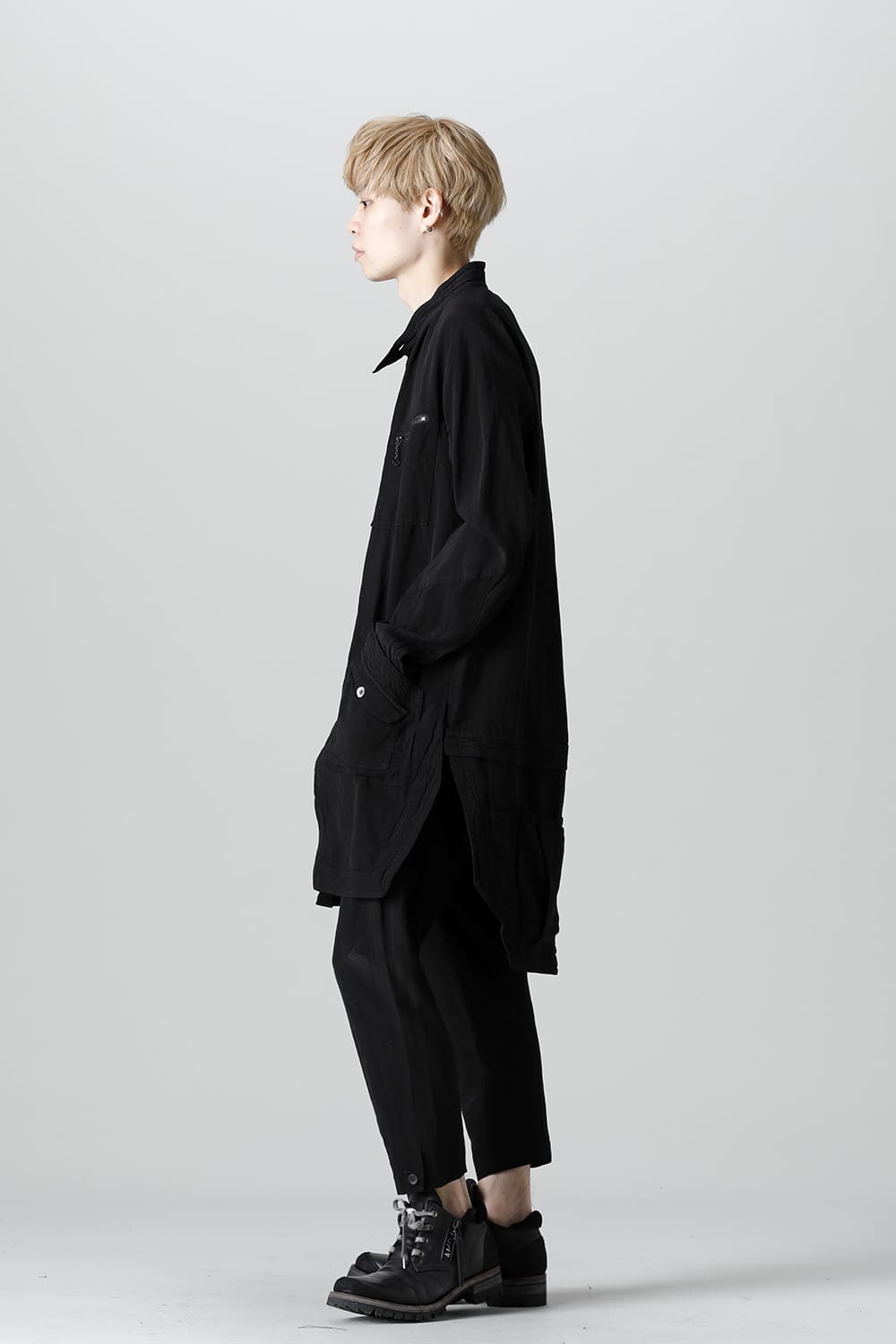 Wood Tannin＆Iron Oxide Dyed Dimple Dobby Worker Long Shirt  Black