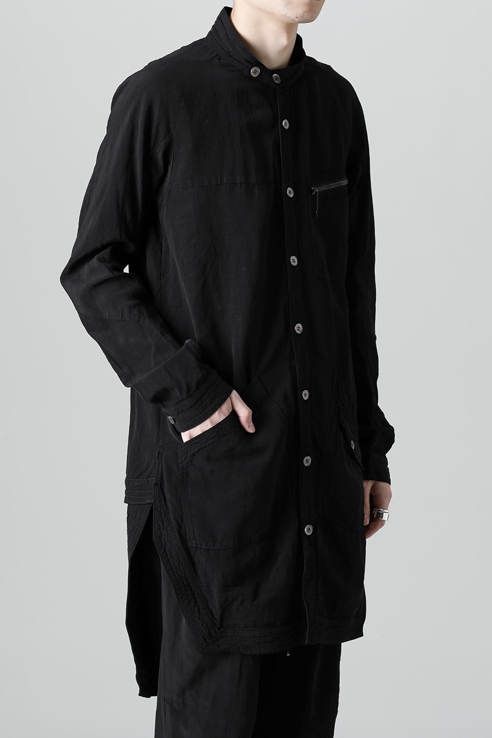 Wood Tannin＆Iron Oxide Dyed Dimple Dobby Worker Long Shirt  Black