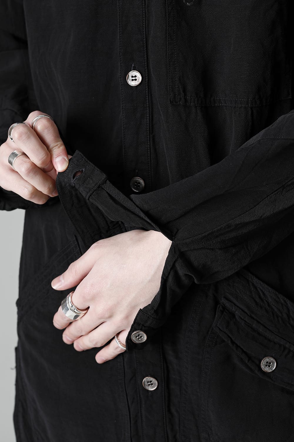 Wood Tannin＆Iron Oxide Dyed Dimple Dobby Worker Long Shirt  Black