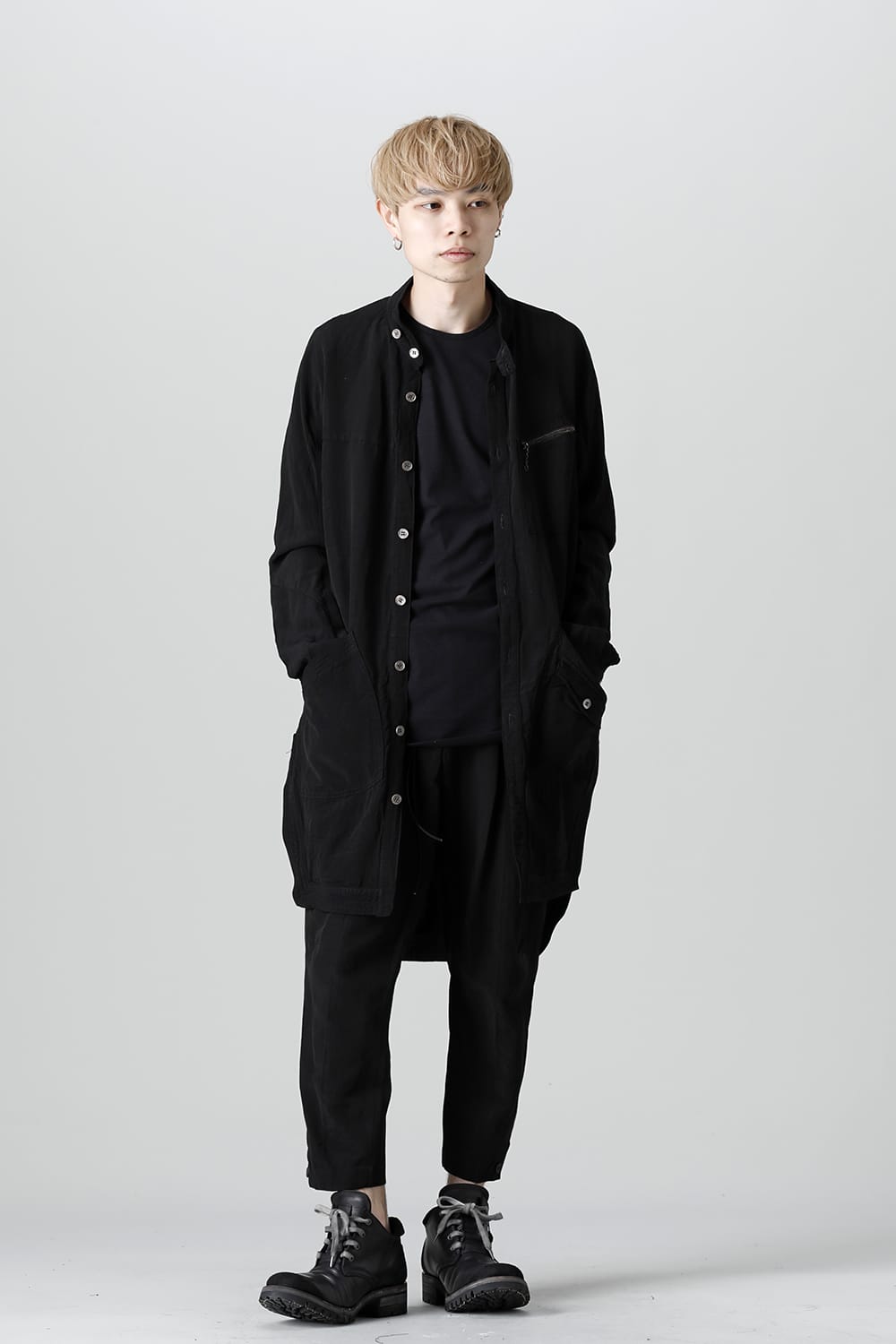 Wood Tannin＆Iron Oxide Dyed Dimple Dobby Worker Long Shirt  Black