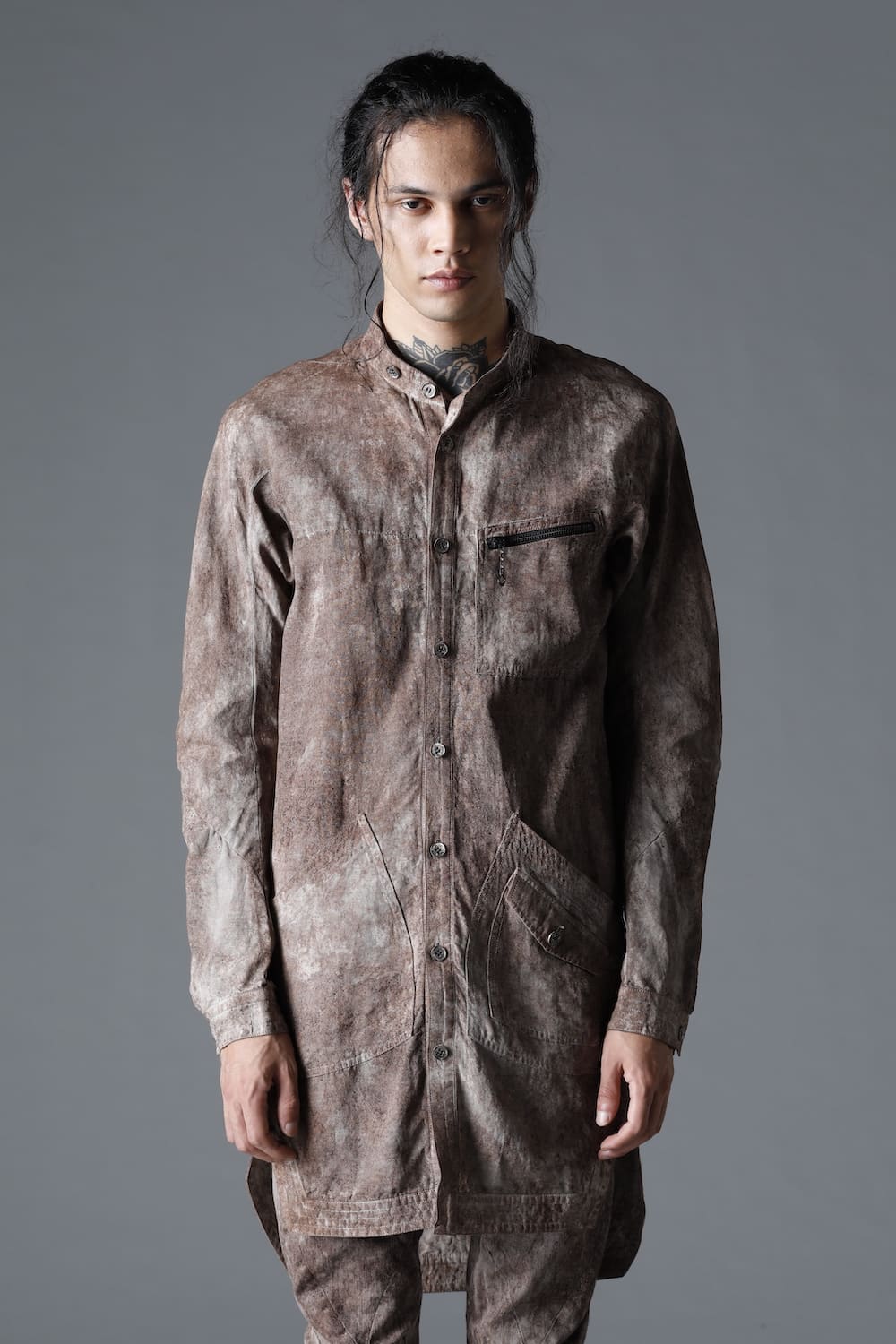 Wood Tannin＆Iron Oxide Dyed Dimple Dobby Worker Long Shirt  Brown Mix