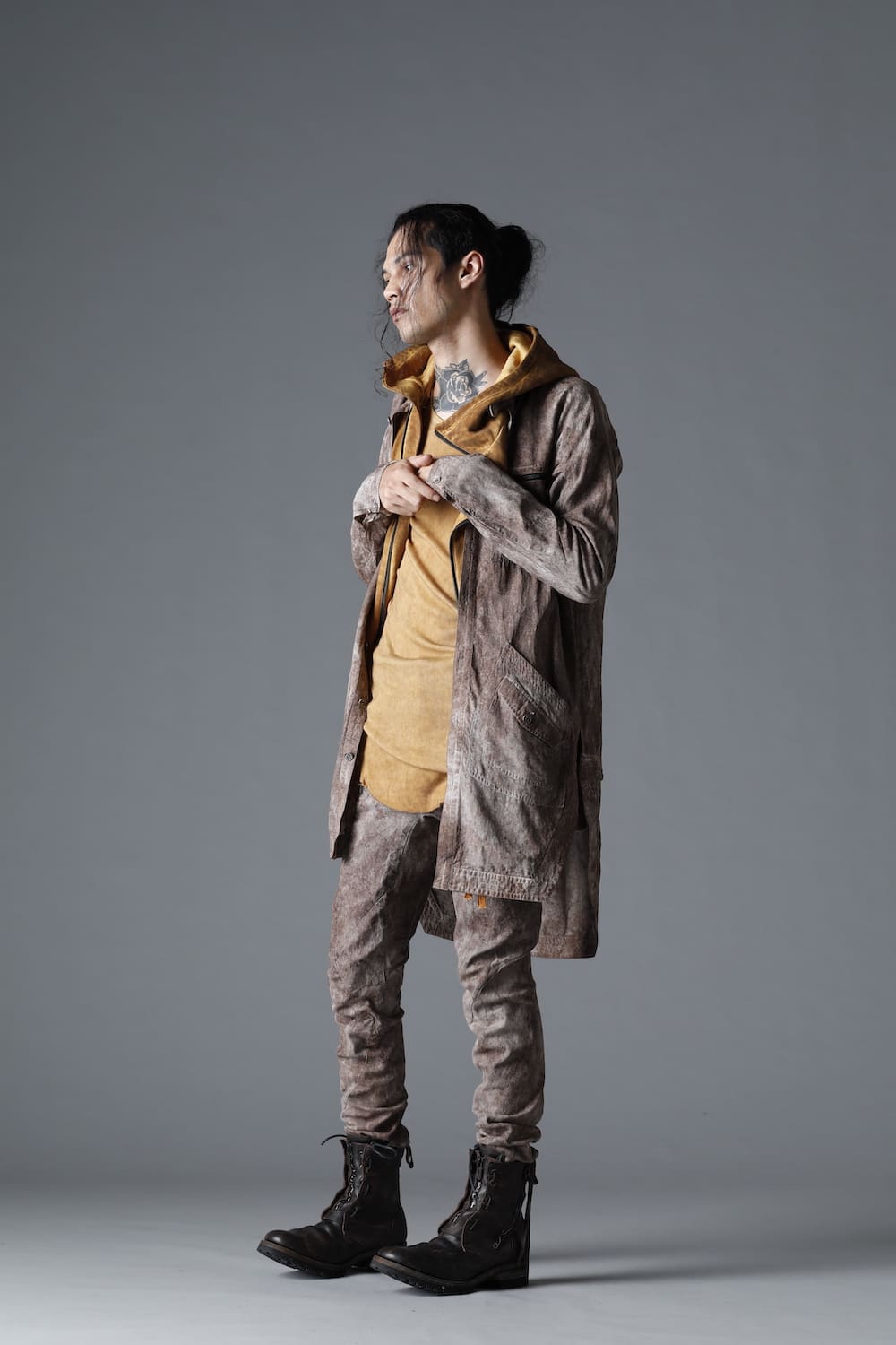 Wood Tannin＆Iron Oxide Dyed Dimple Dobby Worker Long Shirt  Brown Mix