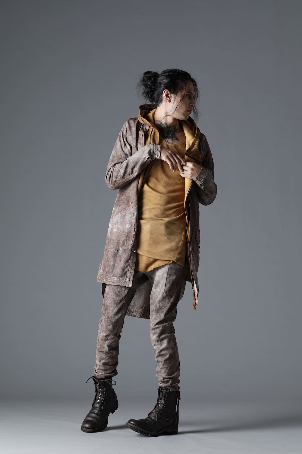 Wood Tannin＆Iron Oxide Dyed Dimple Dobby Worker Long Shirt  Brown Mix