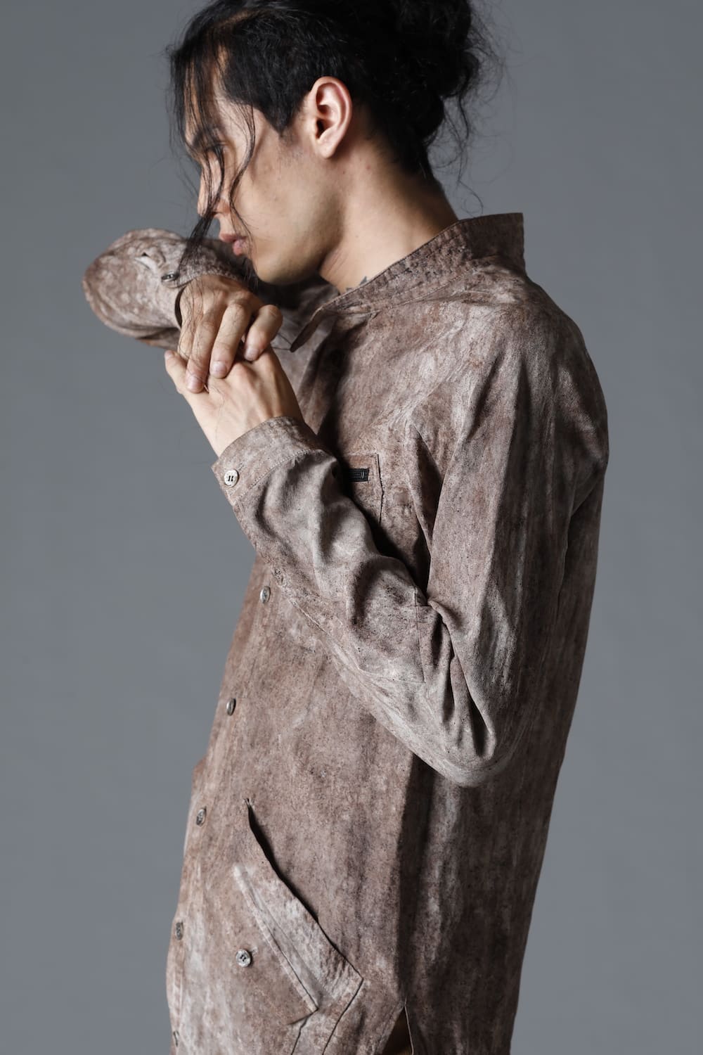 Wood Tannin＆Iron Oxide Dyed Dimple Dobby Worker Long Shirt  Brown Mix