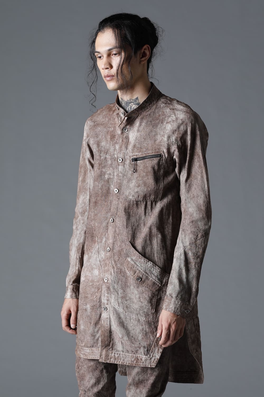 Wood Tannin＆Iron Oxide Dyed Dimple Dobby Worker Long Shirt  Brown Mix