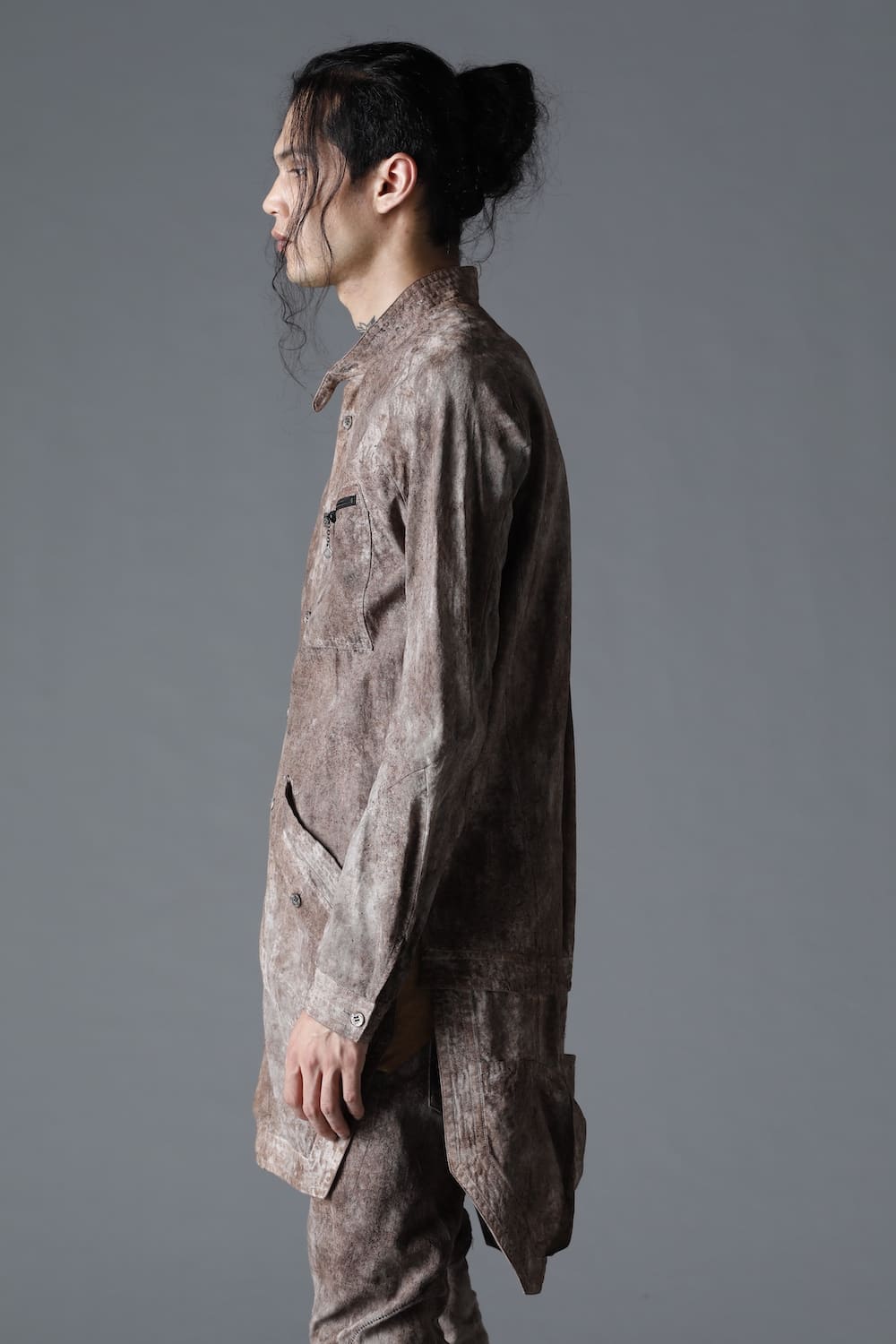 Wood Tannin＆Iron Oxide Dyed Dimple Dobby Worker Long Shirt  Brown Mix