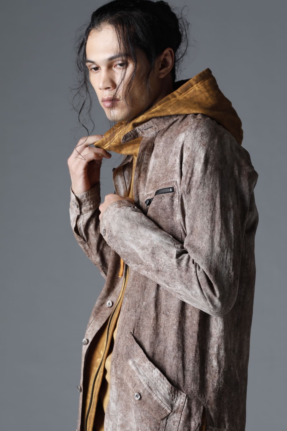 Wood Tannin＆Iron Oxide Dyed Dimple Dobby Worker Long Shirt  Brown Mix