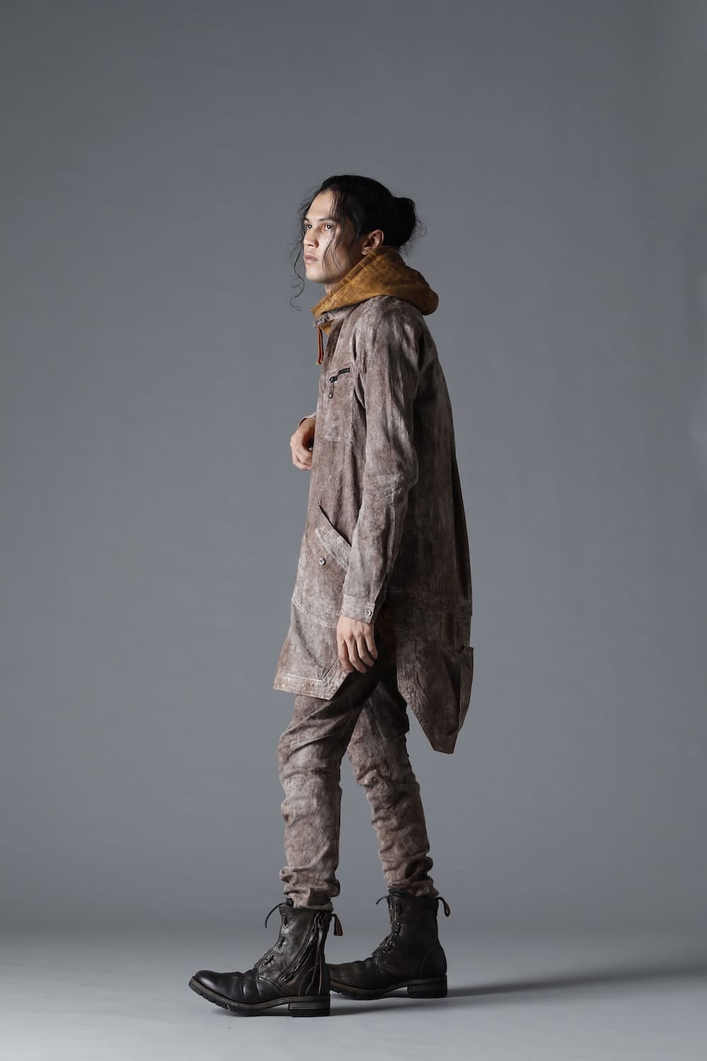 Wood Tannin＆Iron Oxide Dyed Dimple Dobby Worker Long Shirt  Brown Mix