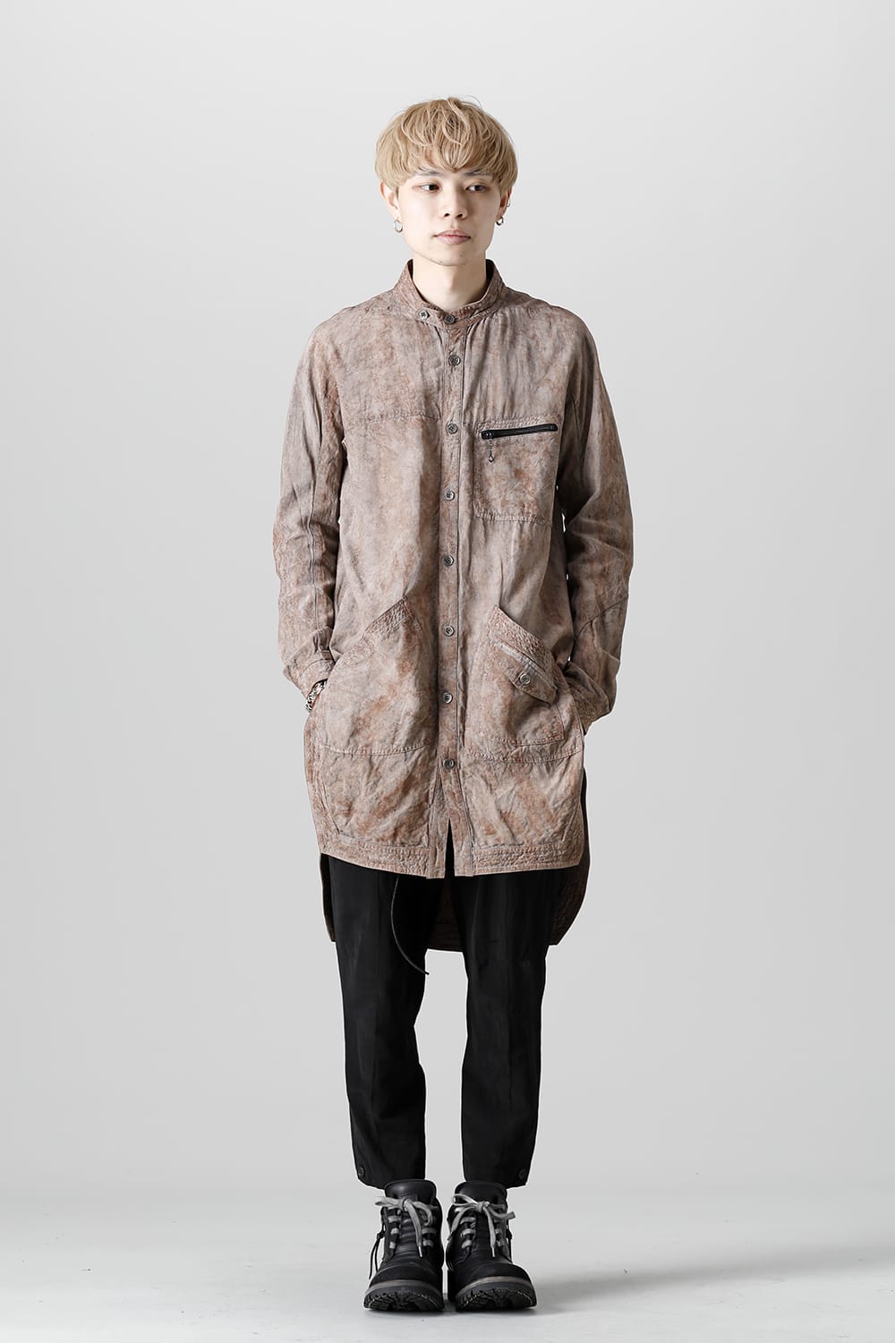 Wood Tannin＆Iron Oxide Dyed Dimple Dobby Worker Long Shirt  Brown Mix