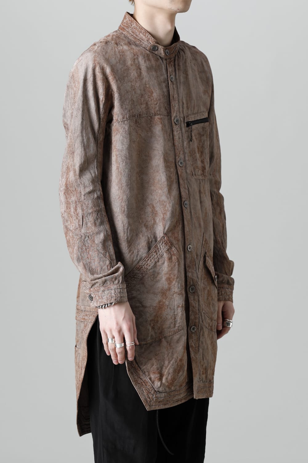 Wood Tannin＆Iron Oxide Dyed Dimple Dobby Worker Long Shirt  Brown Mix