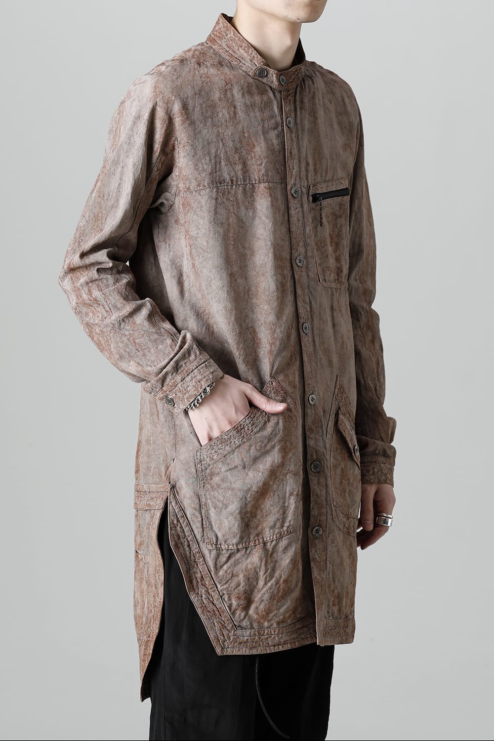 Wood Tannin＆Iron Oxide Dyed Dimple Dobby Worker Long Shirt  Brown Mix