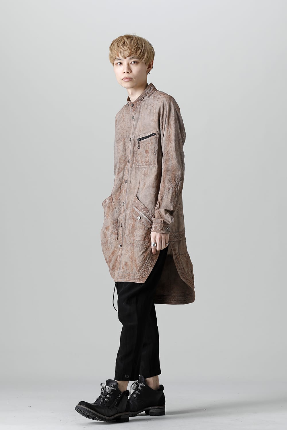 Wood Tannin＆Iron Oxide Dyed Dimple Dobby Worker Long Shirt  Brown Mix