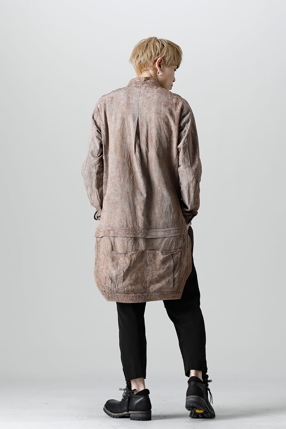 Wood Tannin＆Iron Oxide Dyed Dimple Dobby Worker Long Shirt  Brown Mix