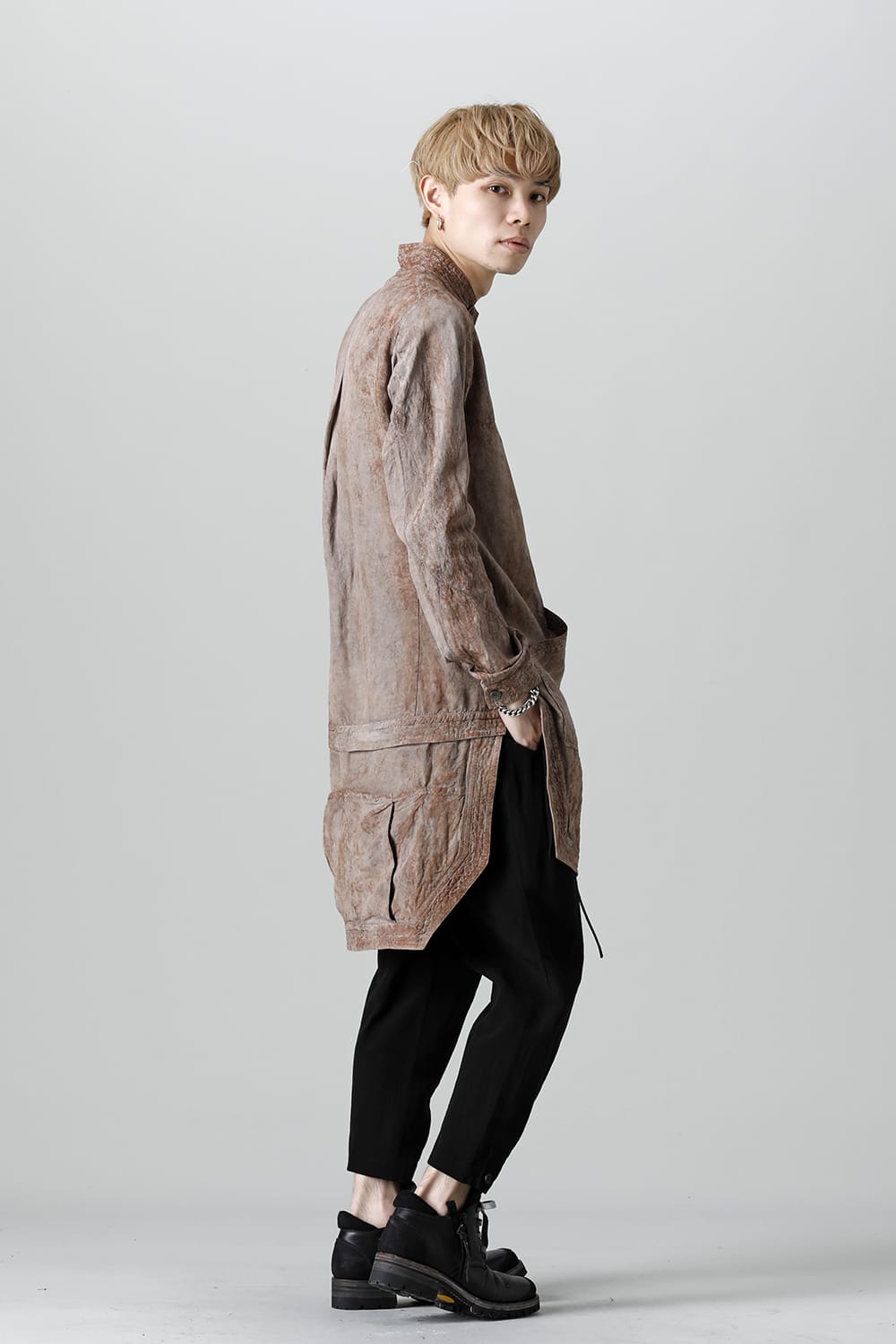 Wood Tannin＆Iron Oxide Dyed Dimple Dobby Worker Long Shirt  Brown Mix