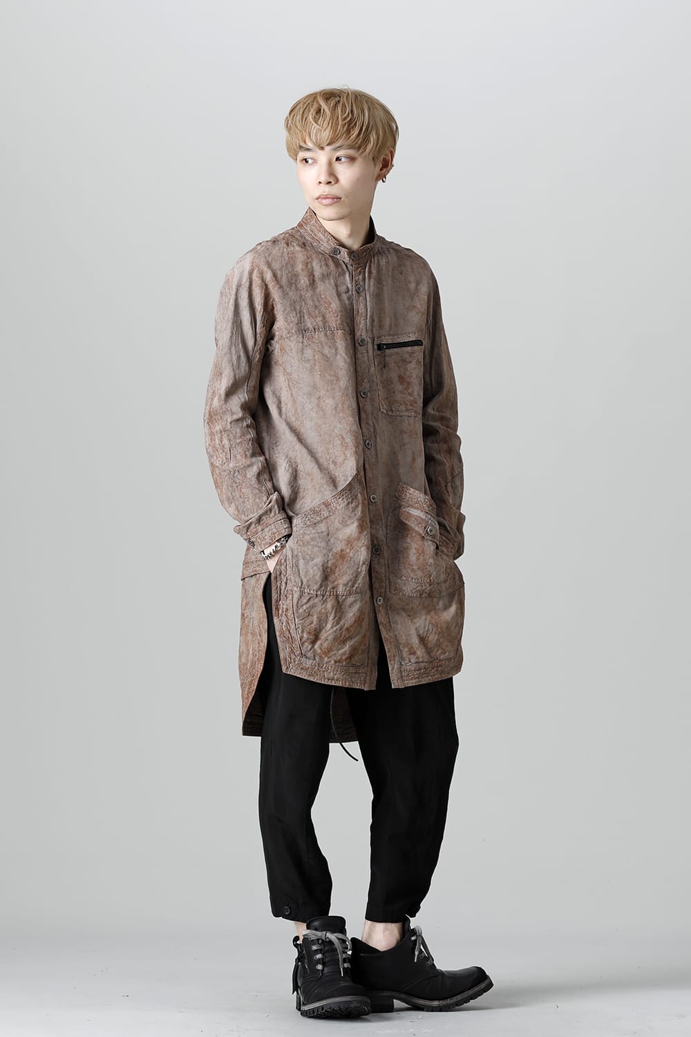 Wood Tannin＆Iron Oxide Dyed Dimple Dobby Worker Long Shirt  Brown Mix