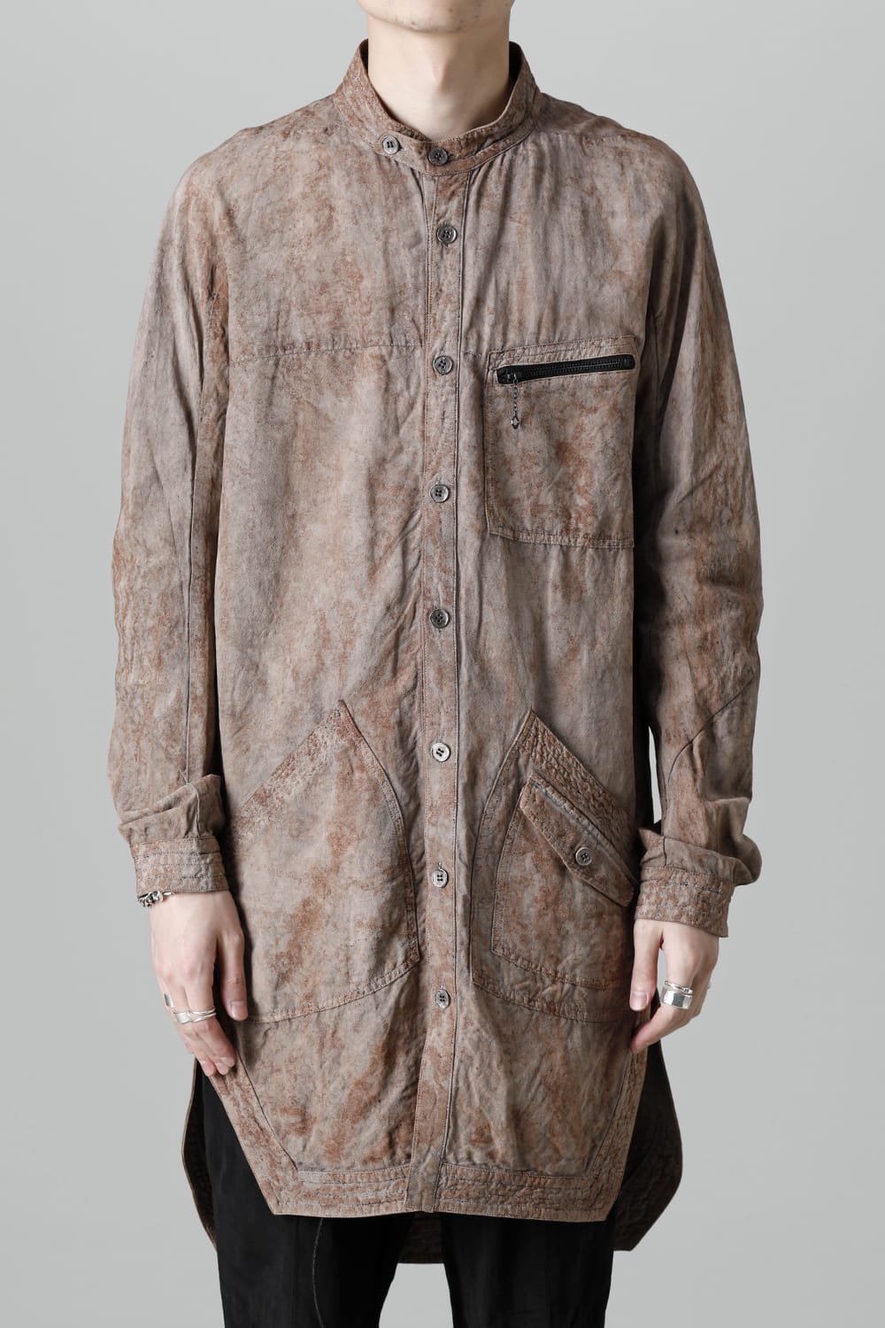 Wood Tannin＆Iron Oxide Dyed Dimple Dobby Worker Long Shirt  Brown Mix