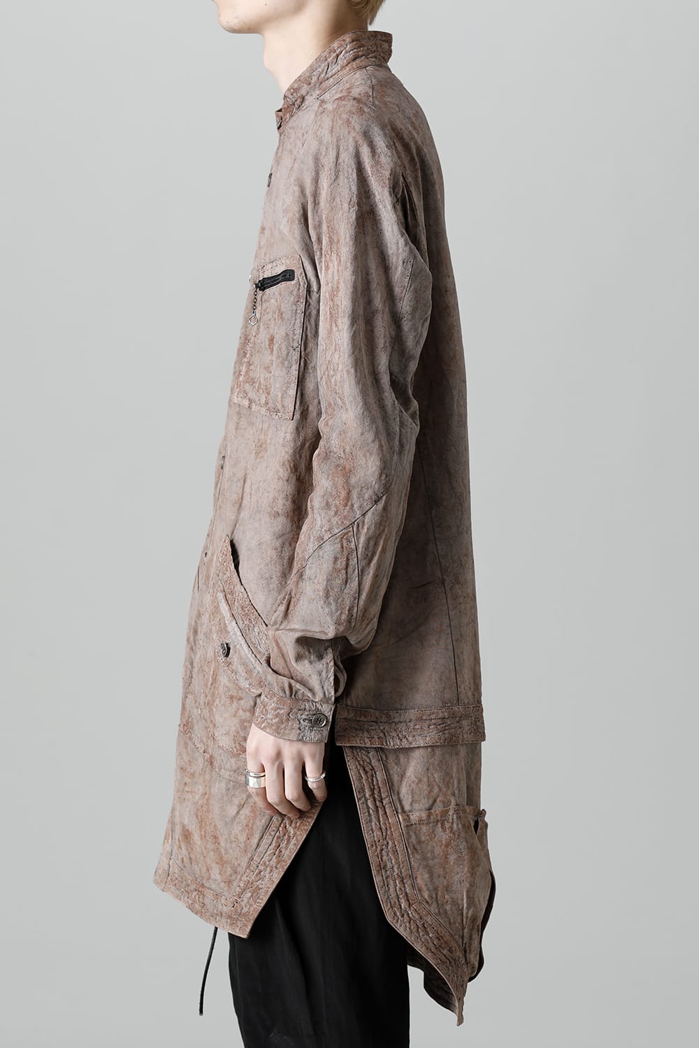 Wood Tannin＆Iron Oxide Dyed Dimple Dobby Worker Long Shirt  Brown Mix