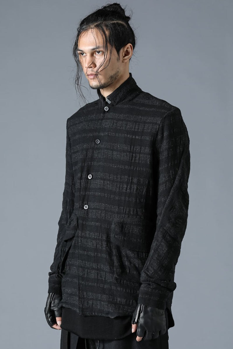Shadow Striped Gauze Double Breast Coated Tailored Shirt Black