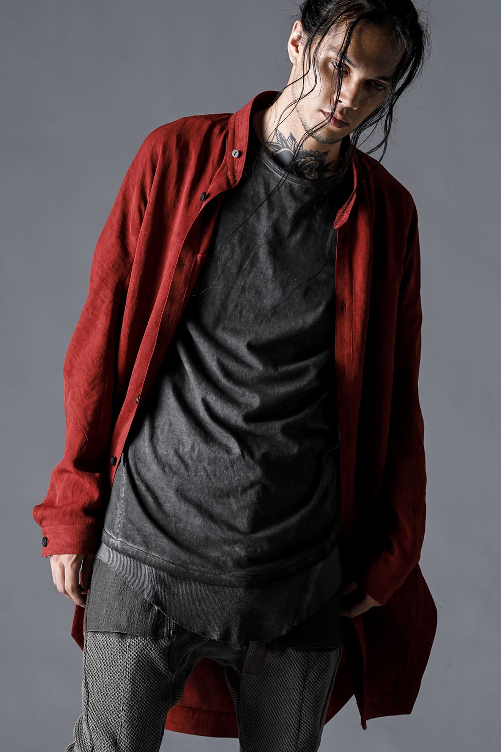 リネン×レーヨン塩縮染ロングワーキングシャツ ブリック