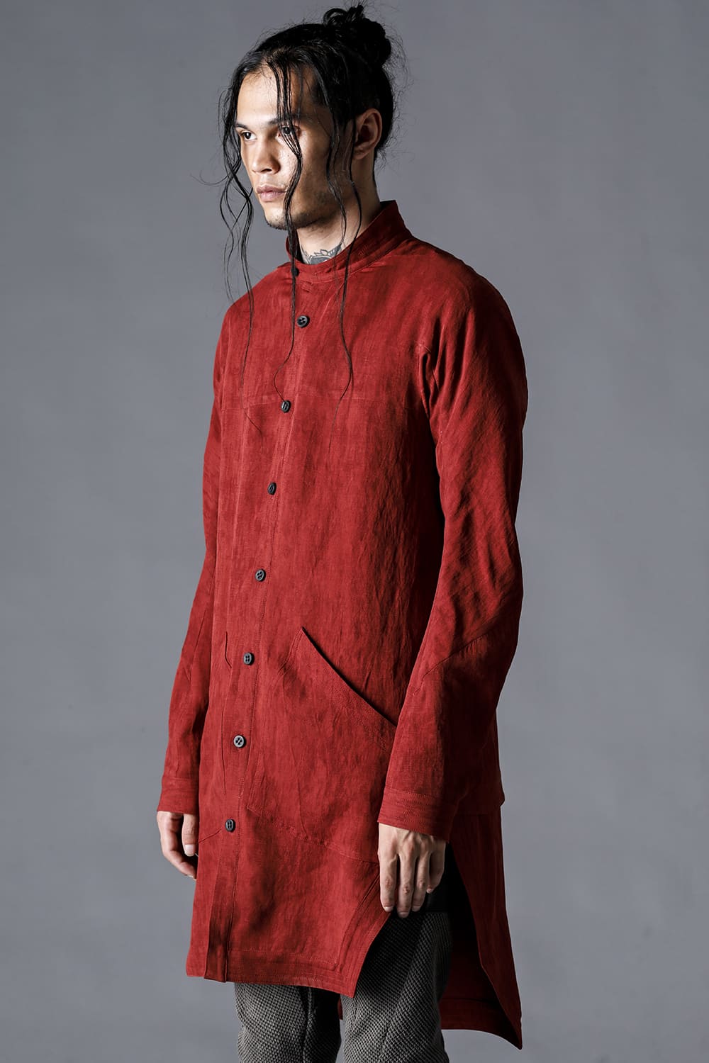 リネン×レーヨン塩縮染ロングワーキングシャツ ブリック