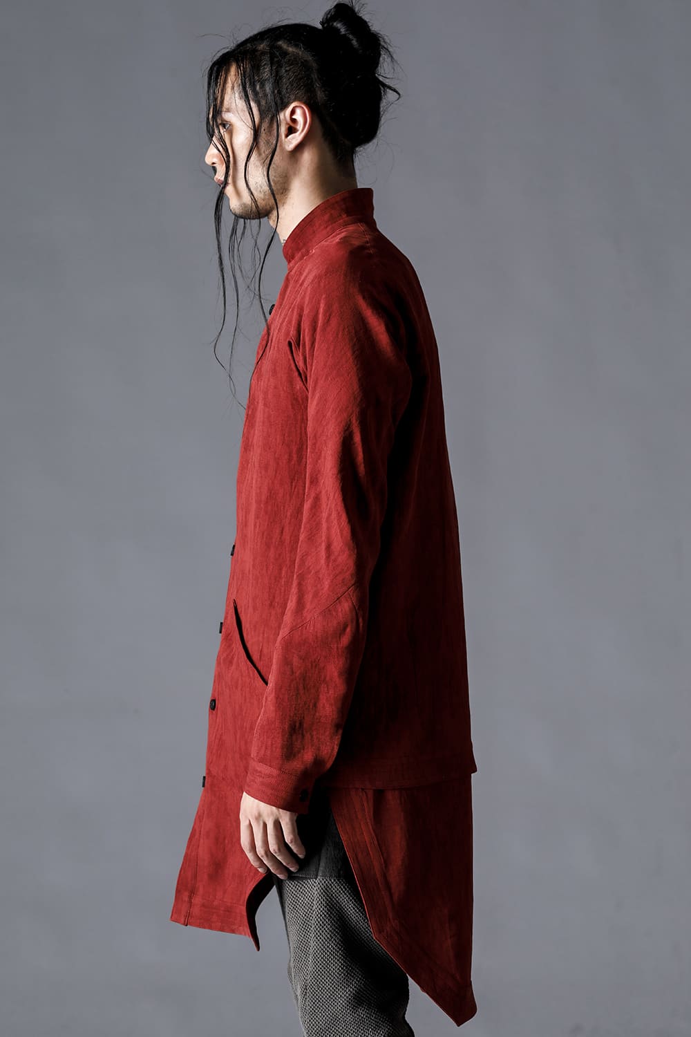 リネン×レーヨン塩縮染ロングワーキングシャツ ブリック