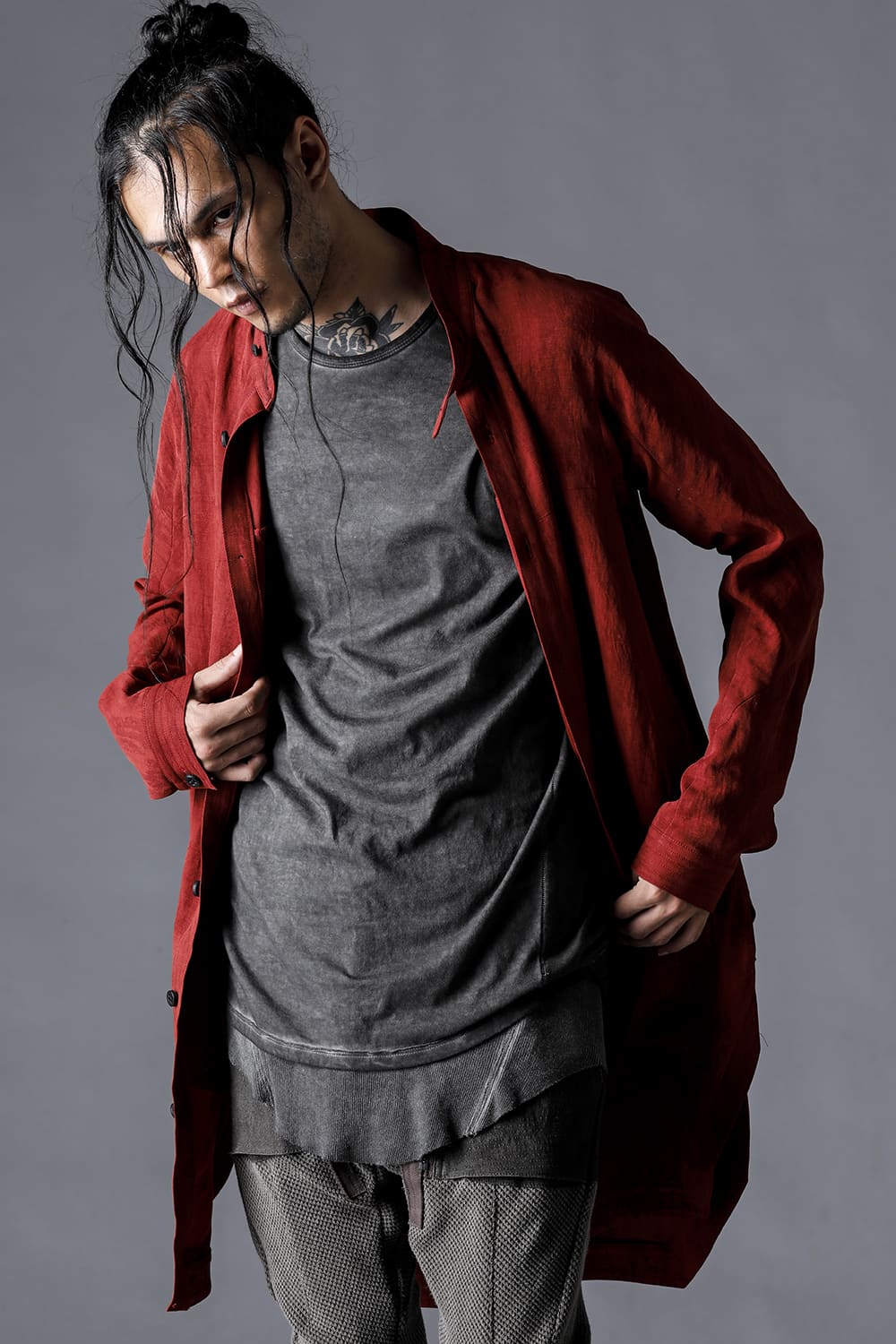 リネン×レーヨン塩縮染ロングワーキングシャツ ブリック