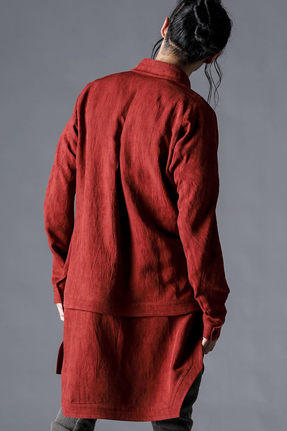 リネン×レーヨン塩縮染ロングワーキングシャツ ブリック