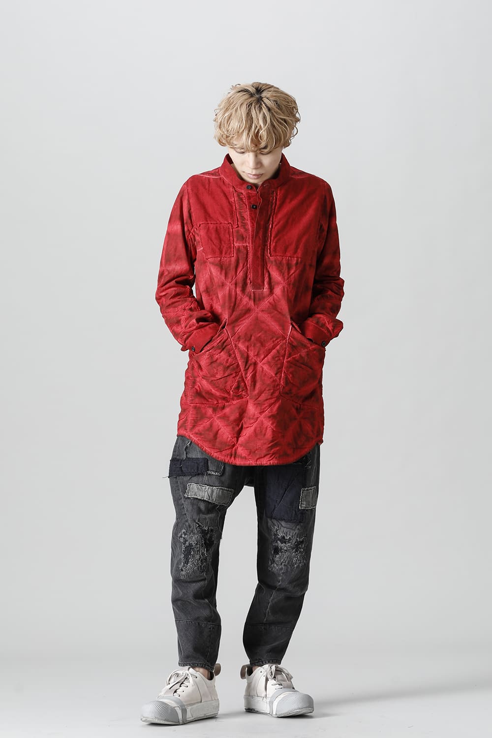 Quilting Cold Dye Pullover Shirt Red