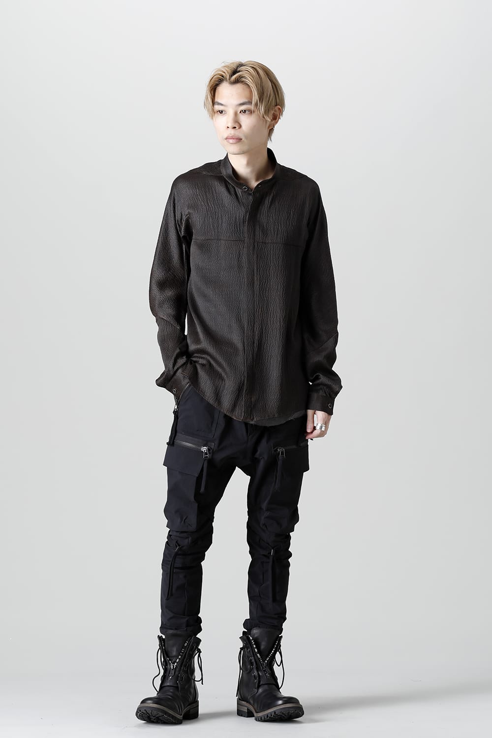 Mud Dyed Silk Band Collar Shirt