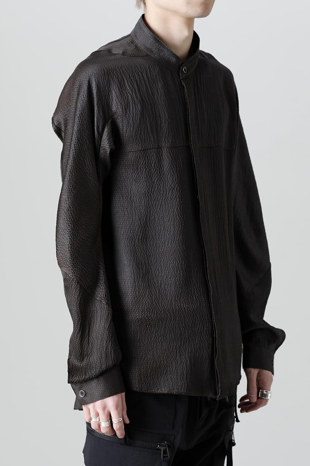 Mud Dyed Silk Band Collar Shirt