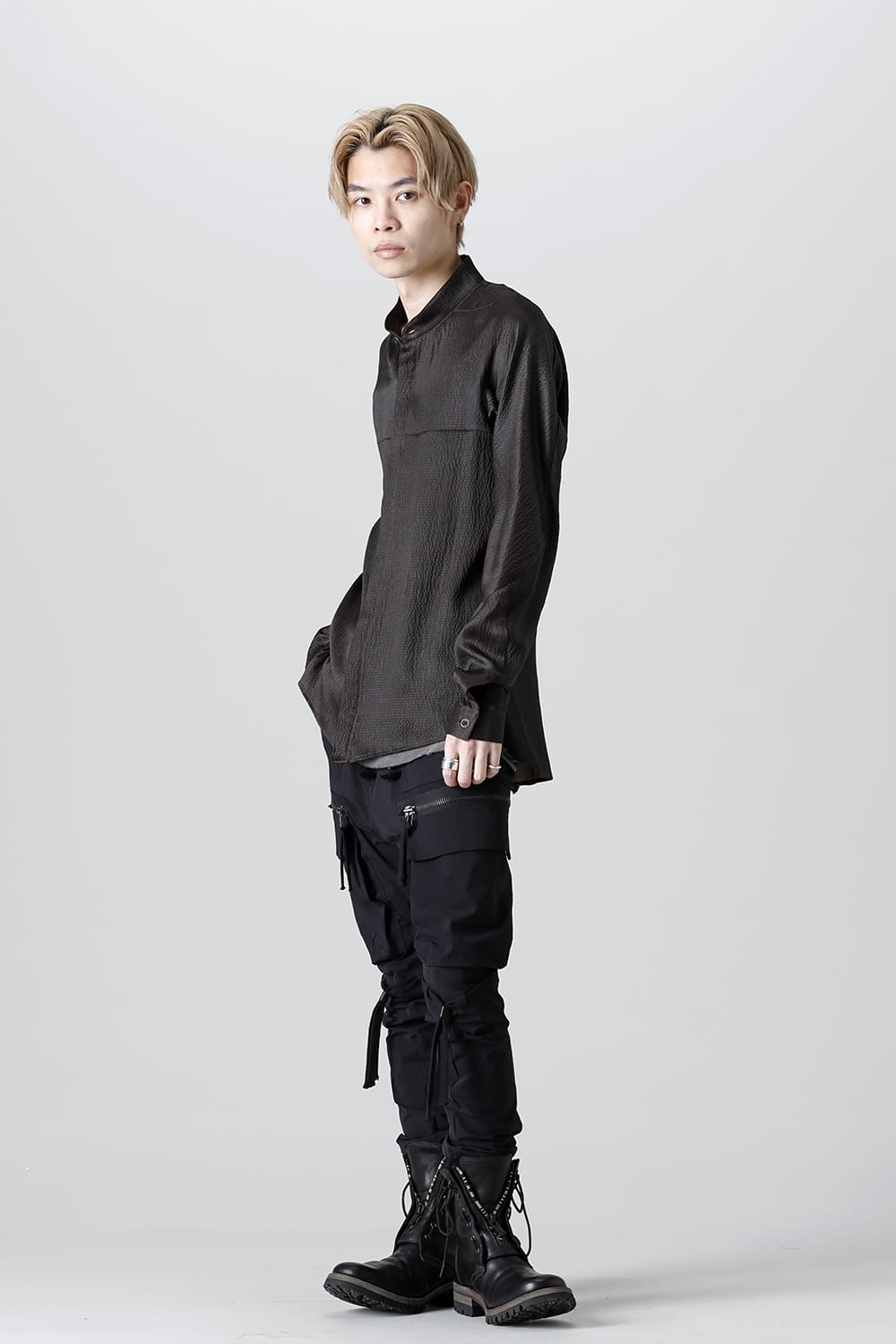 Mud Dyed Silk Band Collar Shirt