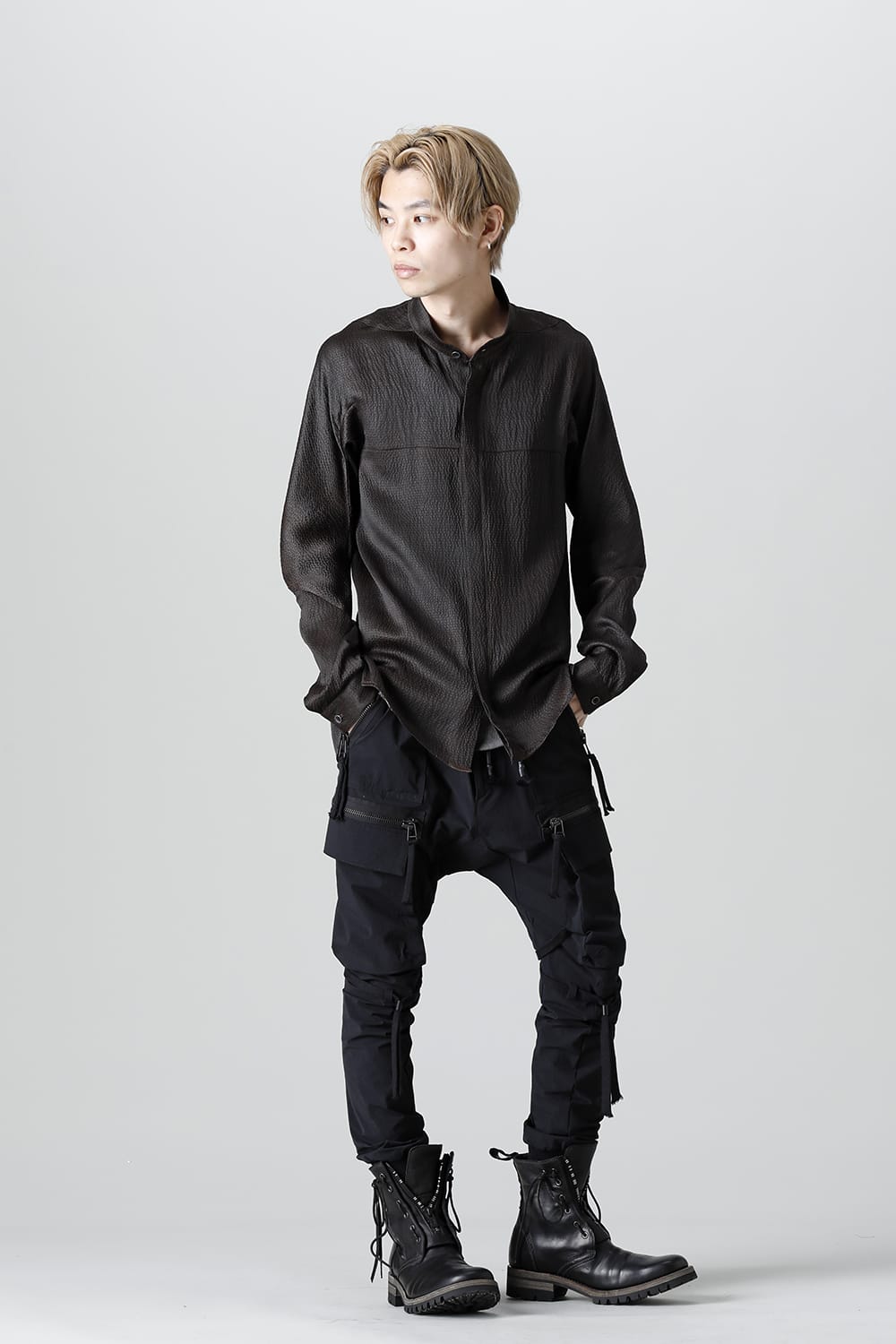 Mud Dyed Silk Band Collar Shirt