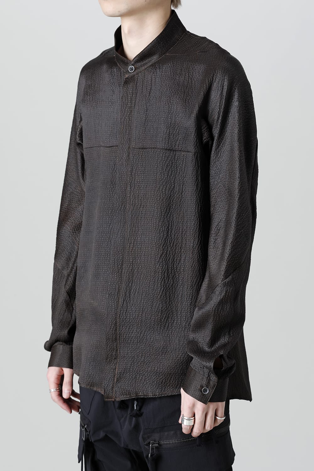 Mud Dyed Silk Band Collar Shirt