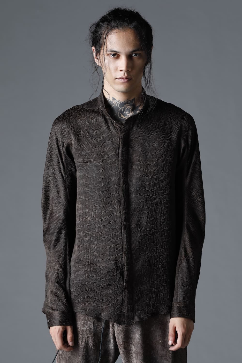 Mud Dyed Silk Band Collar Shirt