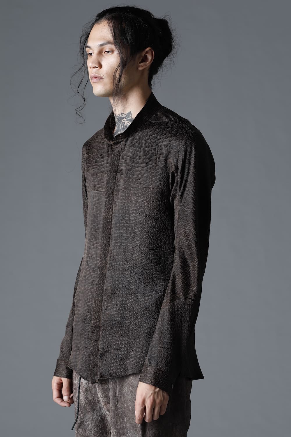 Mud Dyed Silk Band Collar Shirt