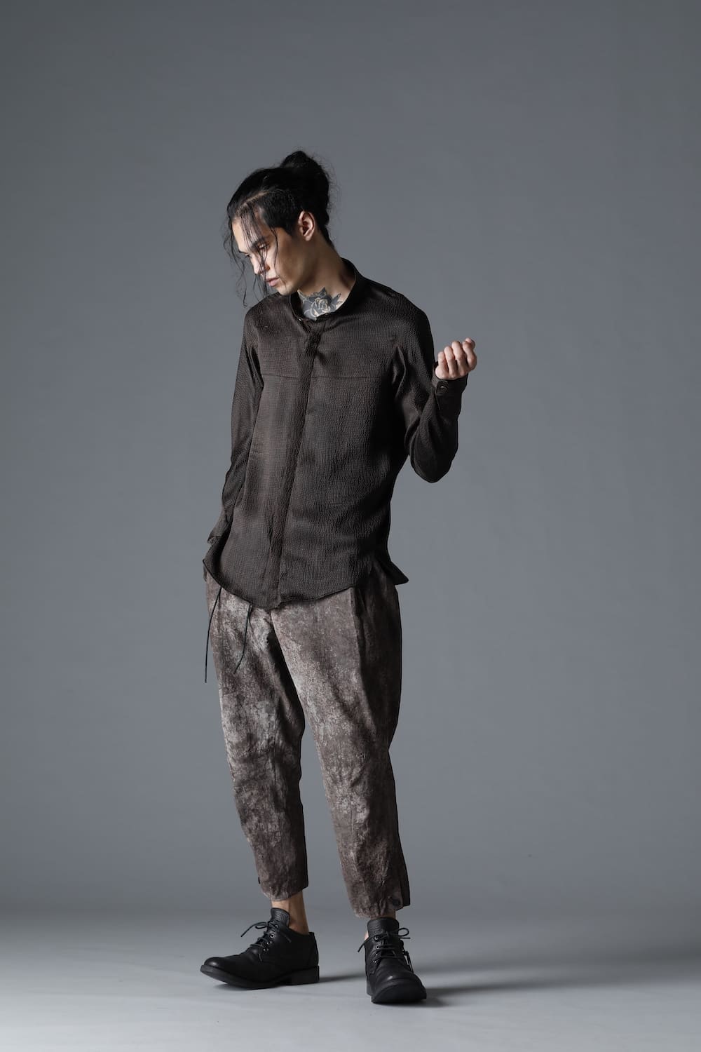 Mud Dyed Silk Band Collar Shirt