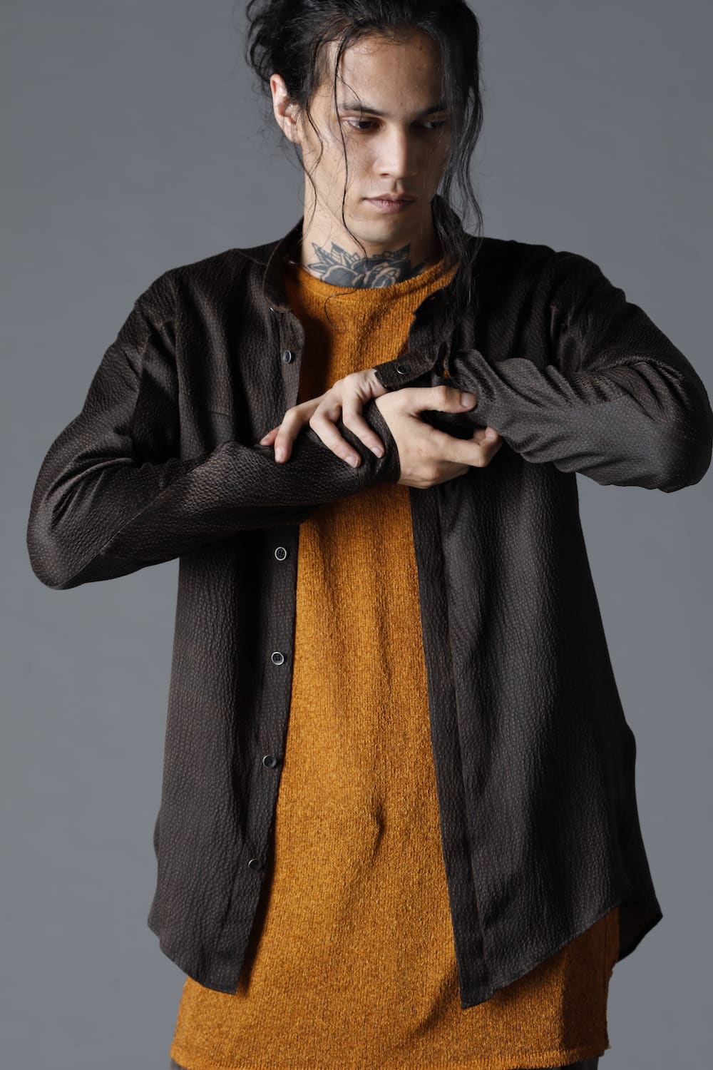 Mud Dyed Silk Band Collar Shirt