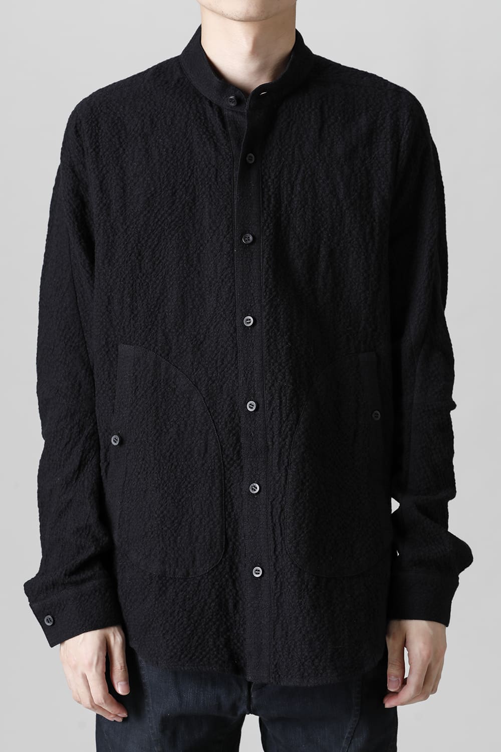 Wool x Cotton Dimple Washer Band Collar Shirt Black