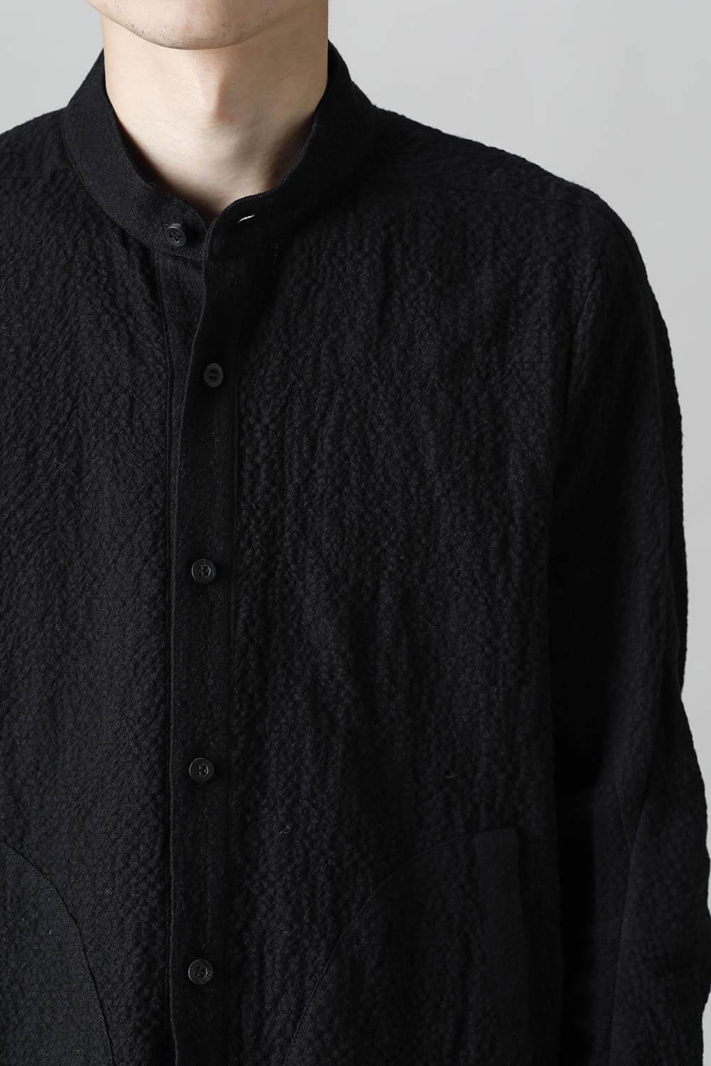 Wool x Cotton Dimple Washer Band Collar Shirt Black