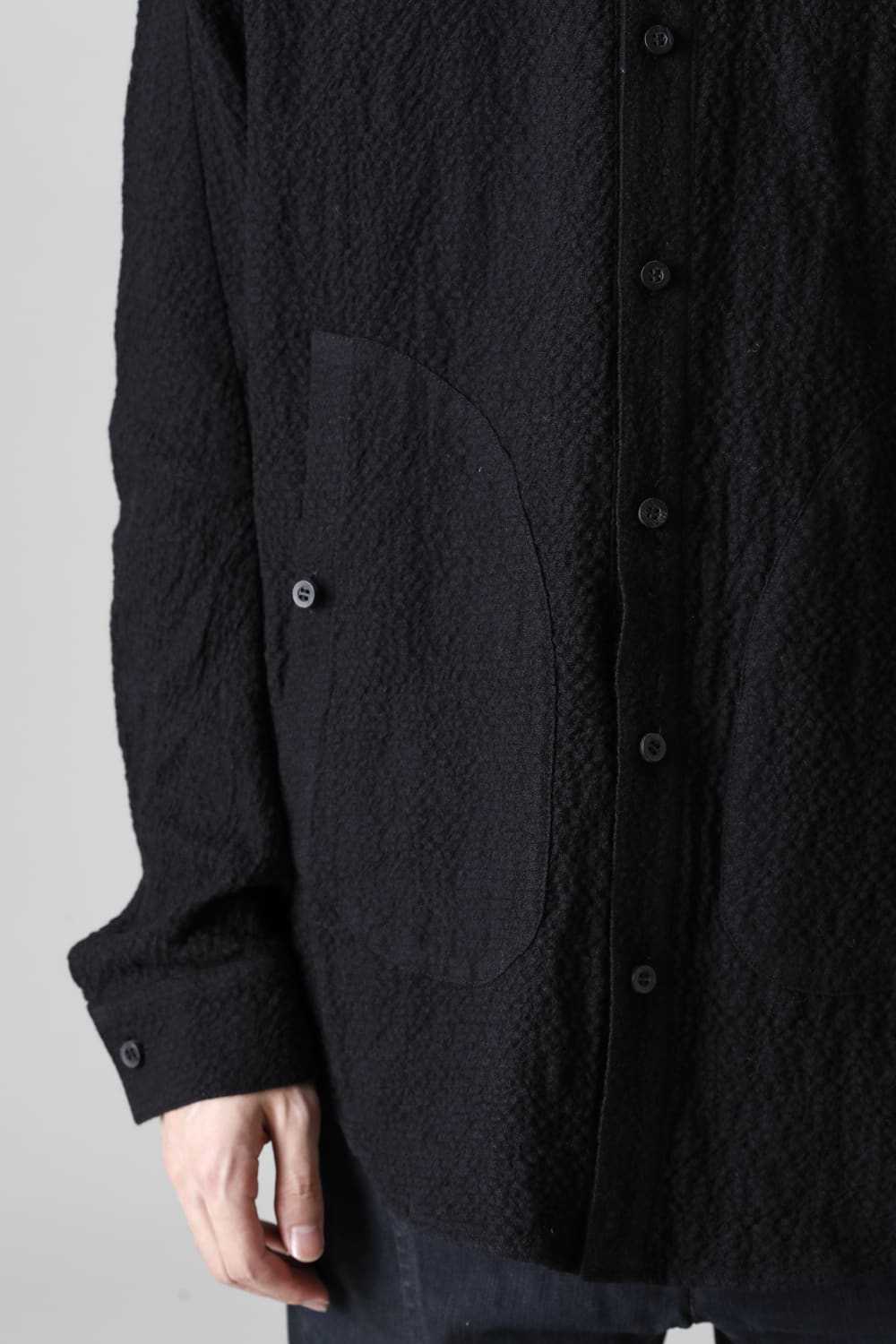 Wool x Cotton Dimple Washer Band Collar Shirt Black