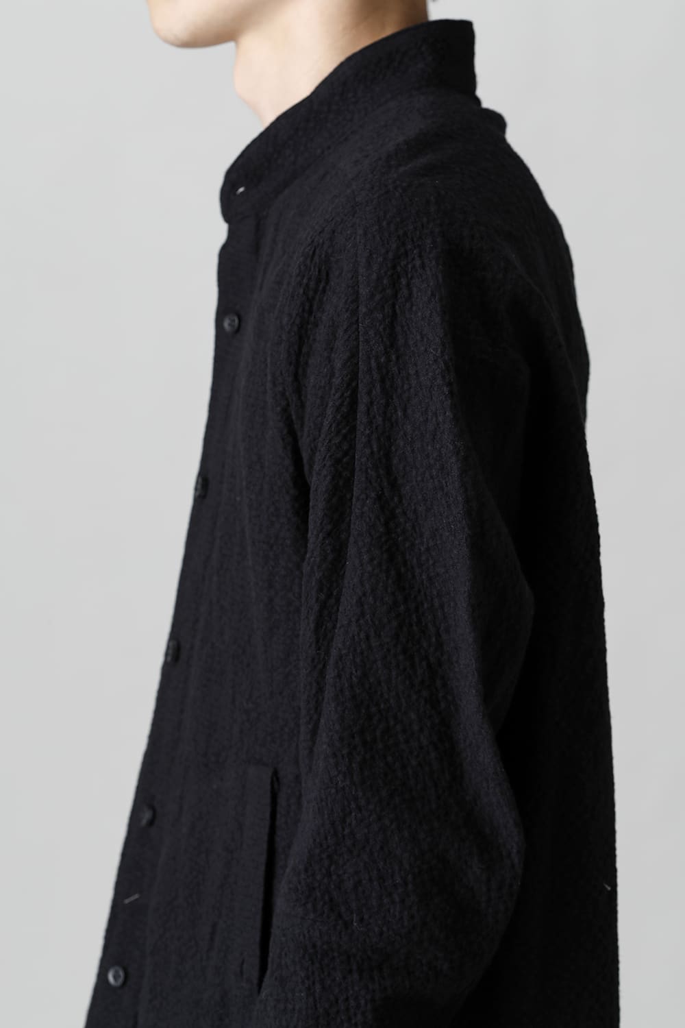 Wool x Cotton Dimple Washer Band Collar Shirt Black