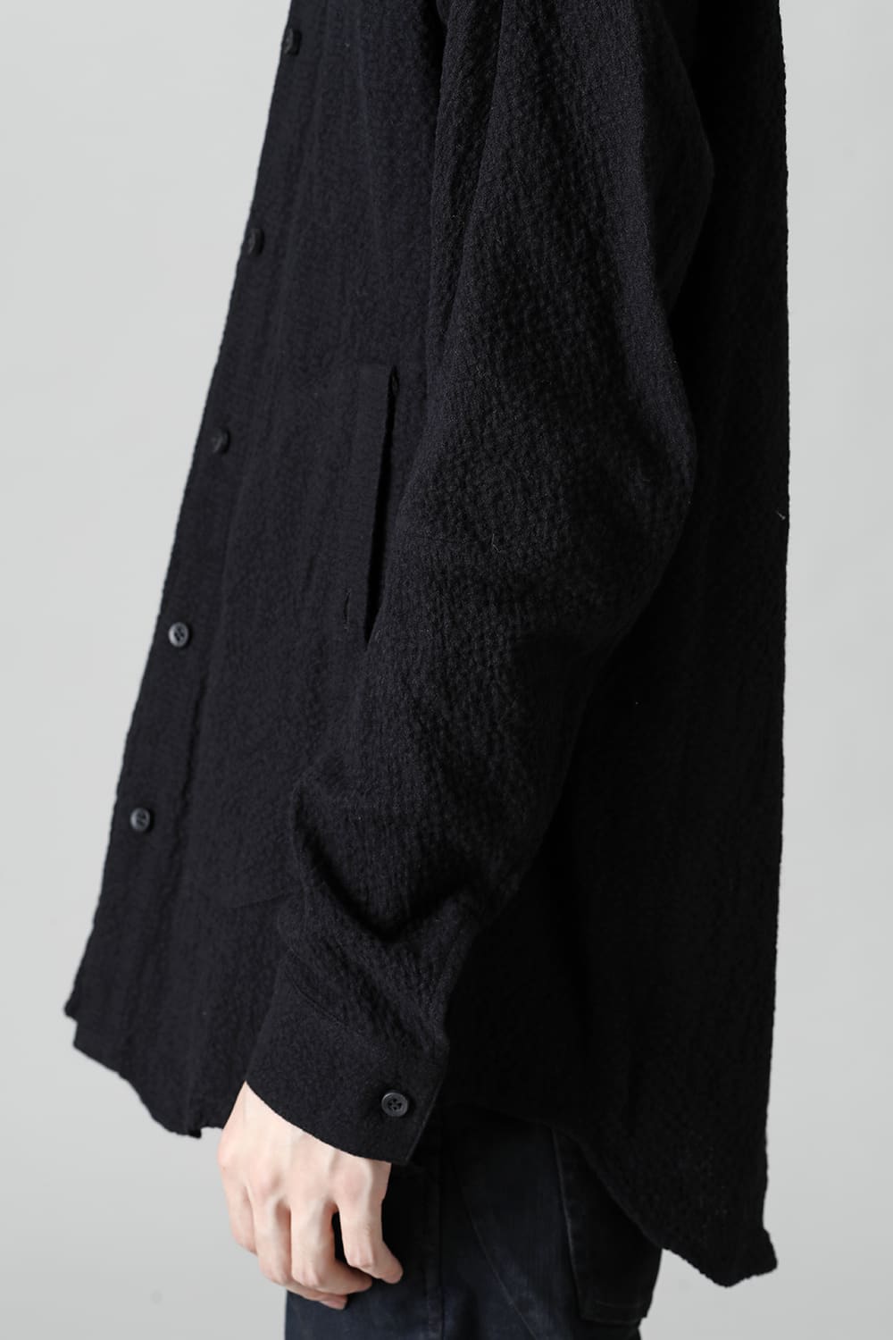 Wool x Cotton Dimple Washer Band Collar Shirt Black