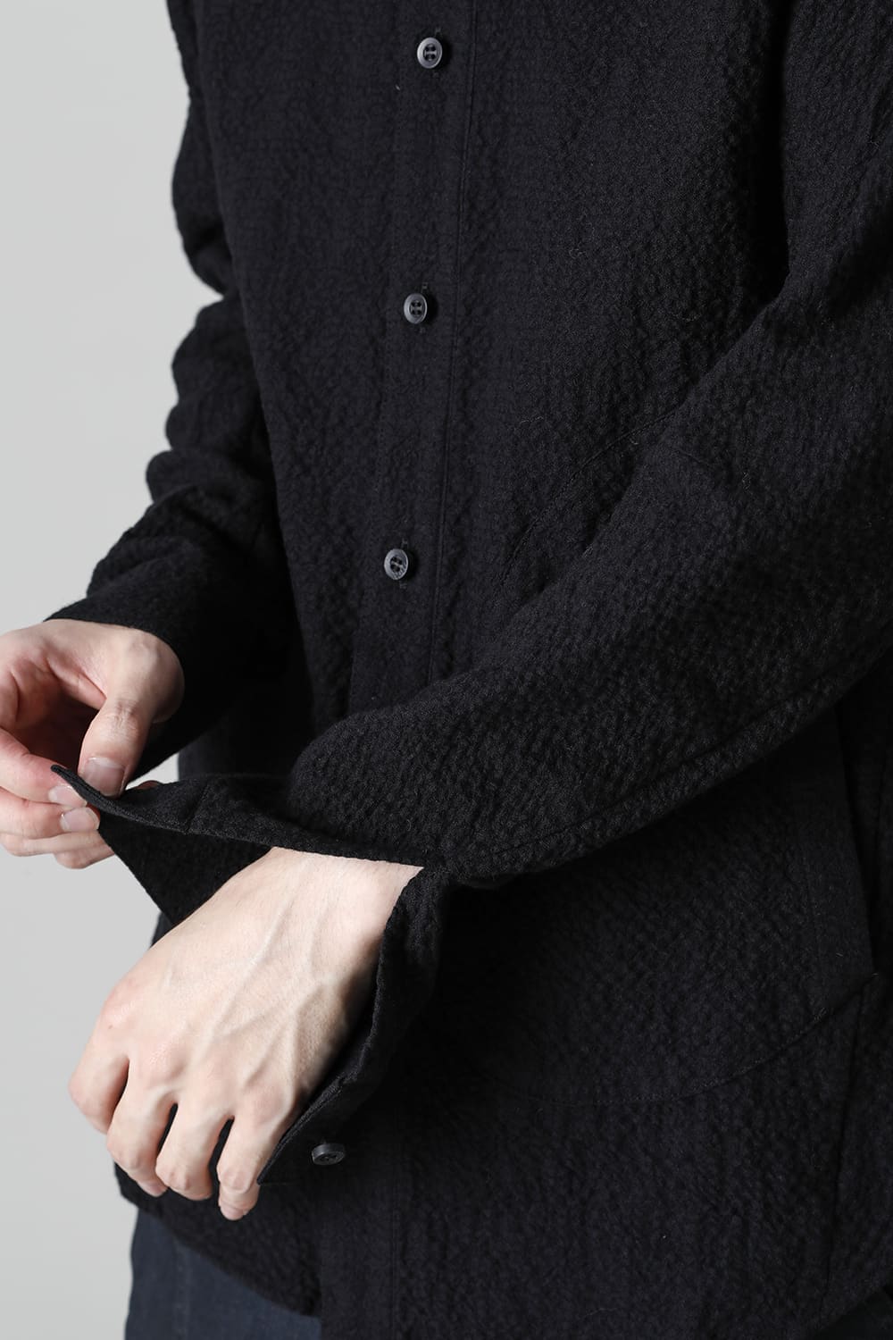 Wool x Cotton Dimple Washer Band Collar Shirt Black