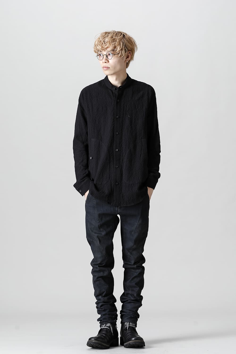 Wool x Cotton Dimple Washer Band Collar Shirt Black