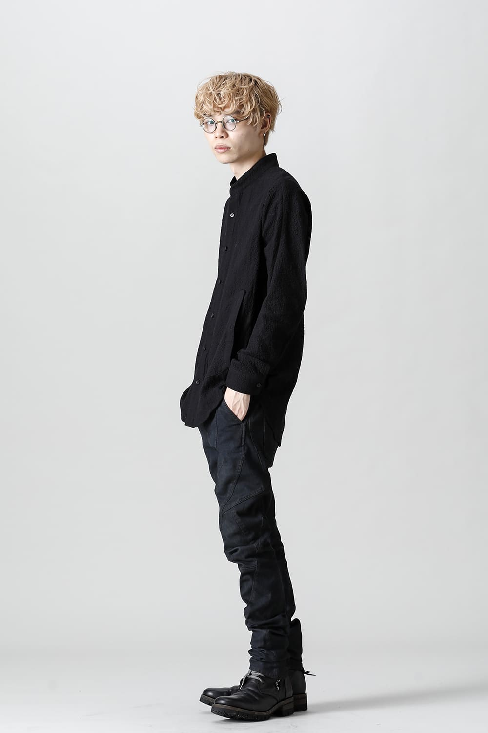 Wool x Cotton Dimple Washer Band Collar Shirt Black